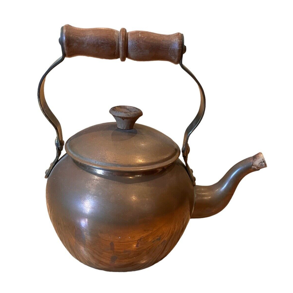 Vintage COPPER TEAPOT Primitive TEA KETTLE Wood Handle Portugal